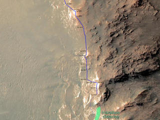 In February 2015, NASA's Mars Exploration Rover Opportunity is approaching a cumulative driving distance on Mars equal to the length of a marathon race. This map shows the rover's position relative to where it could surpass that distance.