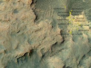 This area at the base of Mount Sharp on Mars includes a pale outcrop, called "Pahrump Hills," that NASA's Curiosity Mars rover investigated from September 2014 to March 2015, and the "Artist's Drive" route toward higher layers of the mountain.
