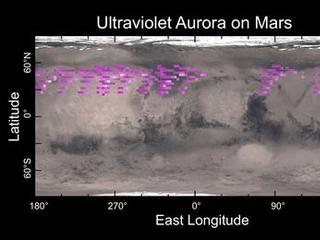 A map of MAVEN's IUVS's auroral detections in December 2014 overlaid on Mars' surface.