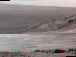 This stereo scene from NASA's Mars Exploration Rover Opportunity shows part of "Marathon Valley," a destination on the western rim of Endeavour Crater, as seen from an overlook north of the valley.