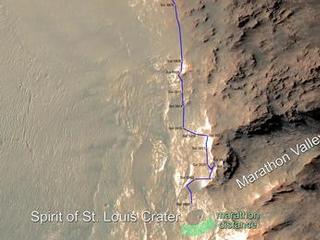 This map updates progress that NASA's Mars Exploration Rover Opportunity is making toward reaching a driving distance equivalent to a marathon footrace. It indicates the rover's position on March 23, 2015, relative to where it could surpass that distance.