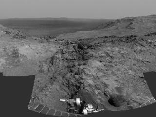 Cumulative driving by NASA's Mars Exploration Rover Opportunity surpassed marathon distance on March 24, 2015, as the rover neared a destination called "Marathon Valley," which is middle ground of this dramatic view from early March.