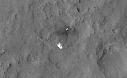This sequence of images shows a blast zone where the sky crane from NASA's Curiosity rover mission hit the ground after setting the rover down in August 2012, and how that dark scar's appearance changed over the subsequent 30 months. The images are from HiRISE on NASA's Mars Reconnaissance Orbiter.