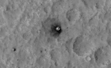 This sequence of images shows a blast zone where the sky crane from NASA's Curiosity rover mission hit the ground after setting the rover down in August 2012, and how that dark scar's appearance changed over the subsequent 30 months. The images are from HiRISE on NASA's Mars Reconnaissance Orbiter.