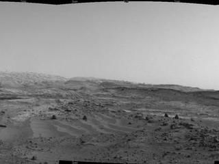 NASA's Curiosity Mars rover used its Navigation Camera to capture this view on April 11, 2015, during passage through a valley called "Artist's Drive" on the route up Mount Sharp.