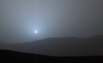 NASA's Curiosity Mars rover recorded this sequence of views of the sun setting at the close of the mission's 956th Martian day, or sol (April 15, 2015), from the rover's location in Gale Crater.