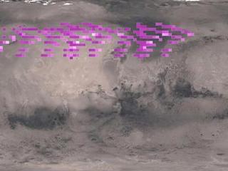 A map of MAVEN's Imaging Ultraviolet Spectrograph (IUVS) auroral detections in December 2014 overlaid on Mars' surface.
