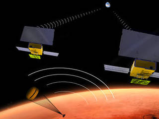 Artist's concept showing two small satellites flying over Mars as the InSight lander parachutes through the surface of Mars.