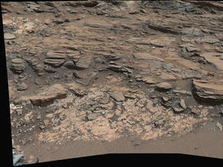 This view from the Mast Camera (Mastcam) on NASA's Curiosity Mars rover shows a site where two different types of bedrock meet on lower Mount Sharp.