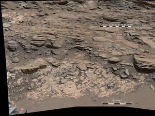 This view from the Mast Camera (Mastcam) on NASA's Curiosity Mars rover shows a site where two different types of bedrock meet on lower Mount Sharp.
