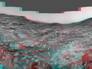 This stereo view from the Curiosity Mars rover's Navcam shows a 360-degree panorama around the site where the rover spent its 1,000th Martian day, or sol, on Mars. The image appears three-dimensional when viewed through red-blue glasses with the red lens on the left. The site is near "Marias Pass."
