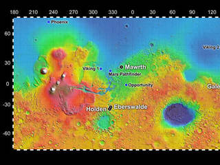 Map showing 4 possible landing sites for MSL
