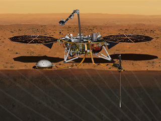 This artist's concept from August 2015 depicts NASA's InSight Mars lander fully deployed for studying the deep interior of Mars.