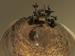 This version of a self-portrait of NASA's Curiosity Mars rover at a drilling site called "Buckskin" is presented as a stereographic projection, which shows the horizon as a circle. The MAHLI camera on Curiosity's robotic arm took dozens of component images for this selfie on Aug. 5, 2015.