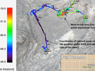 Curiosity's DAN instrument for checking hydration levels in the ground beneath the rover detected an unusually high amount at a site near "Marias Pass," prompting repeated passes over the area to map the hydrogen amounts. This map shows color-coded results from multiple traverses over the area.