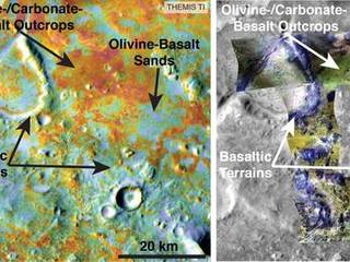 Researchers estimating the amount of carbon held in the ground at the largest known carbonate-containing deposit on Mars utilized data from five instruments on three different NASA Mars orbiters, including physical properties from THEMIS (left) and mineral information from CRISM (right).