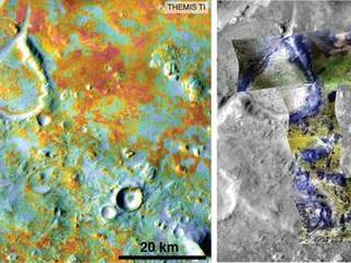 Researchers estimating the amount of carbon held in the ground at the largest known carbonate-containing deposit on Mars utilized data from five instruments on three different NASA Mars orbiters, including physical properties from THEMIS (left) and mineral information from CRISM (right).