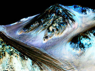 Dark, narrow streaks on Martian slopes such as these at Hale Crater are inferred to have been formed by seasonal flow of water on contemporary Mars. Detection of hydrated salts at the streaks supports that interpretation. The features are called "recurring slope lineae."
