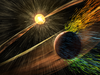 Artist's rendering of a solar storm hitting Mars and stripping ions from the planet's upper atmosphere.
