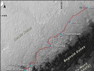 This map shows the route driven by NASA's Curiosity Mars rover from the location where it landed in August 2012 to its location in December 2015, at examples of the Bagnold Dunes.