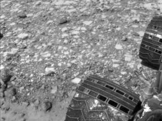 NASA's Curiosity Mars rover used its Navigation Camera (Navcam) to capture this view partway back down a slope it climbed toward "Marias Pass" on lower Mount Sharp.