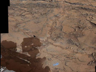 This view from the Mast Camera (Mastcam) on NASA's Curiosity Mars rover covers an area in "Bridger Basin" that includes the locations where the rover drilled a target called "Big Sky" on the mission's Sol 1119 (Sept. 29, 2015) and a target called "Greenhorn" on Sol 1137 (Oct. 18, 2015).