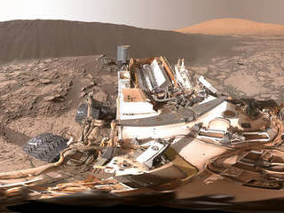 This Dec. 18, 2015, view of the downwind face of "Namib Dune" on Mars covers 360 degrees, including a portion of Mount Sharp on the horizon. The component images were taken by the Mast Camera on NASA's Curiosity Mars rover. The site is part of the dark-sand "Bagnold Dunes" field of active dunes.