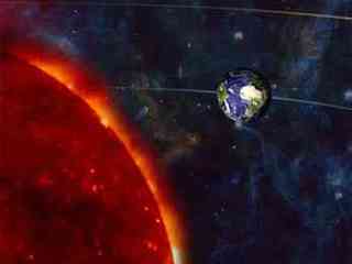 Artist's concept of Mars Opposition on December 24, 2007. The distances between the sun, the planets, and the distant nebula are not to scale.