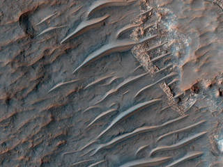 These long, smooth features are sand ridges shaped by the constant martian wind.
