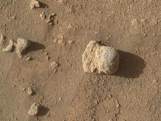 The nodule in the center of this March 10, 2016, image from the Mars Hand Lens Imager (MAHLI) on NASA's Curiosity Mars rover shows individual grains of sand and (on the right) laminations from the sandstone deposit in which the nodule formed..