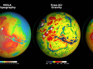 Newly detailed mapping of local variations in Mars' gravitational pull on orbiters (center), combined with topographical mapping of the planet's mountains and valleys (left), yields the best-yet mapping of Mars' crustal thickness (right).