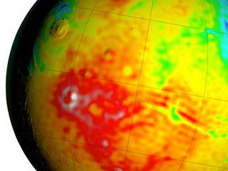 This Mars map shows variations in thickness of the planet's crust, the relatively thin surface layer overlying the mantle of the planet. It shows unprecedented detail derived from new mapping of variations in Mars' gravitational pull on orbiters.