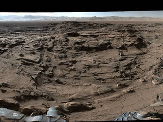 This 360-degree panorama from the Mastcam on NASA's Curiosity Mars rover shows the rugged surface of 'Naukluft Plateau' plus upper Mount Sharp at right and part of the rim of Gale Crater. The April 4, 2016, scene is dominated by eroded remnants of a finely layered ancient sandstone deposit.
