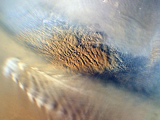 This close-up image of a dust storm on Mars was acquired by the Mars Color Imager instrument on NASA's Mars Reconnaissance Orbiter on Nov. 7, 2007