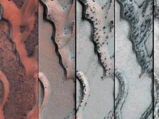 The High Resolution Imaging Science Experiment (HiRISE) camera on NASA's Mars Reconnaissance Orbiter snapped this series of false-color pictures of sand dunes in the north polar region of Mars.