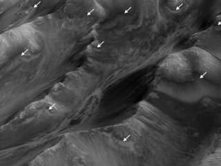The white arrows indicate locations in this scene where numerous seasonal dark streaks, called "recurring slope lineae," have been identified in the Coprates Montes area of Mars' Valles Marineris by repeated observations from orbit.
