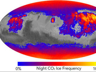 This map shows the frequency of carbon dioxide frost's presence at sunrise on Mars, as a percentage of days year-round. Carbon dioxide ice more often covers the ground at night in some mid-latitude regions than in polar regions, where it is generally absent for much of summer and fall.