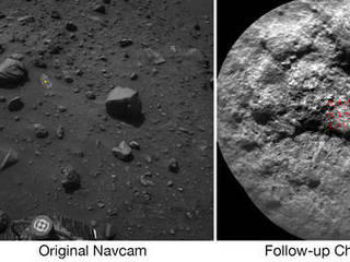NASA's Curiosity Mars rover autonomously selects some targets for the laser and telescopic camera of its ChemCam instrument. For example, on-board software analyzed the Navcam image at left, chose the target indicated with a yellow dot, and pointed ChemCam for laser shots and the image at right.
