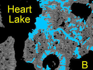 This map of an area within the Arabia Terra region on Mars shows where hydrologic modeling predicts locations of depressions that would have been lakes (black), overlaid with a map of the preserved valleys (blue lines, with width exaggerated for recognition) that would have been streams.
