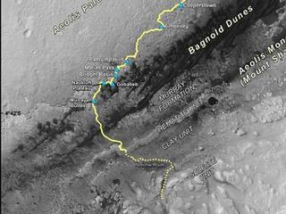 This map shows the route driven by NASA's Curiosity Mars rover from the location where it landed in August 2012 to its location in September 2016 at "Murray Buttes," and the path planned for reaching destinations at "Hematite Unit" and "Clay Unit" on lower Mount Sharp.