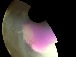 This ultraviolet image near Mars' South Pole was taken by MAVEN on July 10 2016 and shows the atmosphere and surface during southern spring.