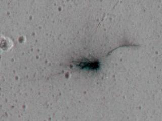 These views of sites where hardware from Europe's Schiaparelli test lander hit Mars on Oct. 19, 2016, combine two HiRISE camera orbital views from different angles, as a stereo pair for viewing with red-blue glasses. Top: lander; lower left: parachute and back shell; lower right: heat shield.