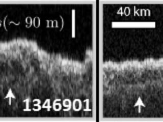 These two images show Shallow Radar (SHARAD) instrument data from two tracks in a part of Mars' Utopia Planitia region where the orbiting, ground-penetrating radar on NASA's Mars Reconnaissance Orbiter detected subsurface deposits rich in water ice.