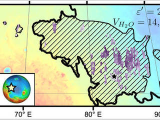 Diagonal striping on this map of a portion of Mars' Utopia Planitia region indicates the area where a large subsurface deposit rich in water ice was assessed using the Shallow Radar (SHARAD) instrument on NASA's Mars Reconnaissance Orbiter.  The deposit holds about as much water as Lake Superior.