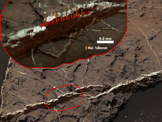 The highest concentration of boron measured on Mars, as of late 2016, is in this mineral vein examined with the ChemCam instrument on NASA's Curiosity rover on Aug, 25, 2016. Orange bars indicate boron content at points in the calcium sulfate vein. The context image is from Curiosity's Mastcam.