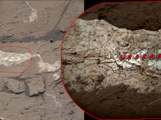 Examination of a calcium sulfate vein called "Diyogha" by the ChemCam instrument on NASA's Curiosity Mars rover found boron, sodium and chlorine. An image from the rover's Mastcam, at left, provides context for the magnified image and composition information from ChemCam, at right.