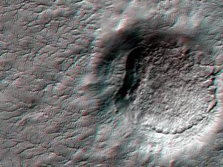 This anaglyph from HiRISE shows erosional features formed by seasonal frost near the south pole of Mars.
