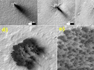 These five images from the HiRISE camera on NASA's Mars Reconnaissance Orbiter show different Martian features of progressively greater size and complexity, all thought to result from thawing of seasonal carbon dioxide ice that covers large areas near Mars' south pole during winter.