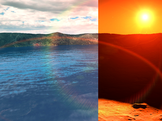 This artist's concept depicts the early Martian environment (left) - believed to contain liquid water and a thicker atmosphere - versus the cold, dry environment seen at Mars today (right).
