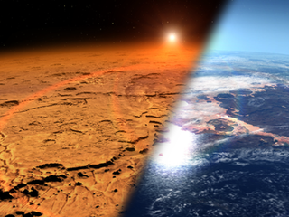 This artist's concept depicts the early Martian environment (right) - believed to contain liquid water and a thicker atmosphere - versus the cold, dry environment seen at Mars today (left).